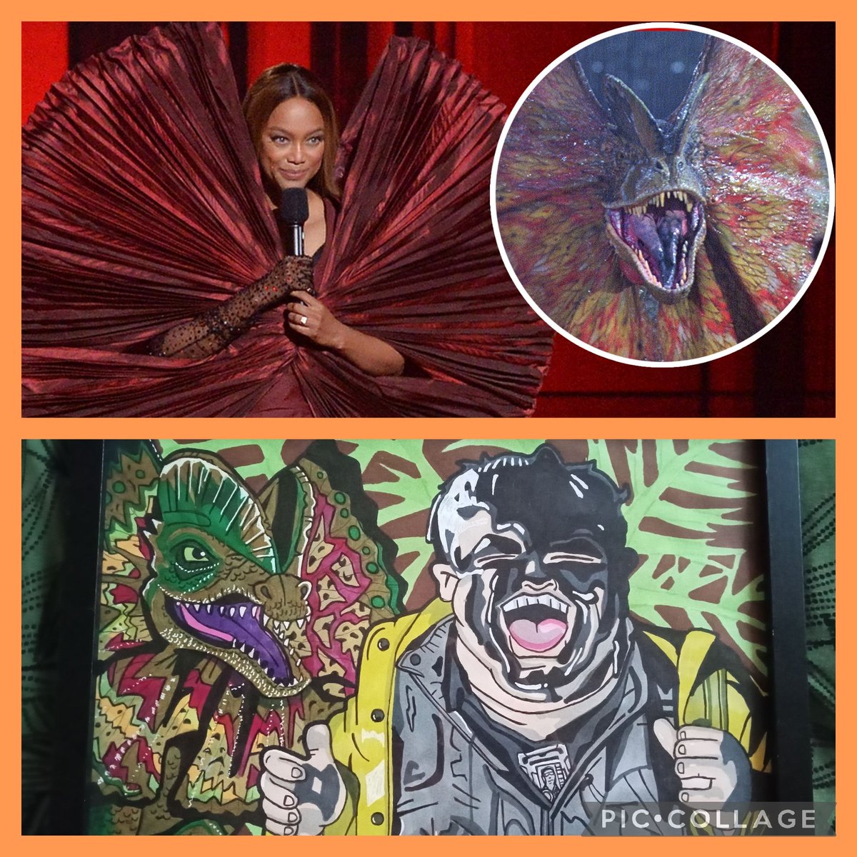 THIS IS A FUN... Who wore it best? #TyraBanks is a strong contender, but I would give it to the #Dilophosaurus...!! 🤣🎨🎬🦖🦕 #MadeMeLaugh

#artistsonx #maninpaint #80skid #geek #geekart #geekartist #proudgeek #geeklife #retrogeek #jurassicparkmovies #wayneknight