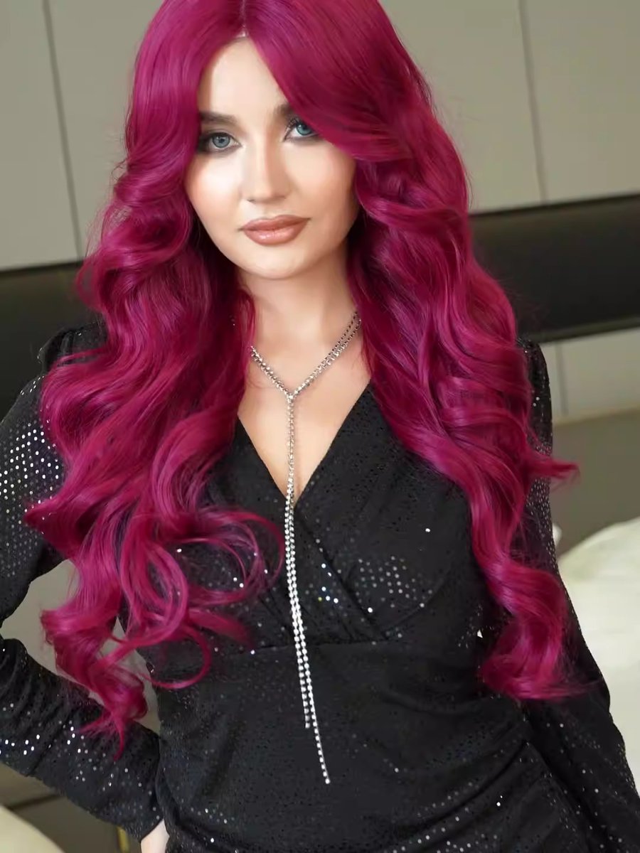 Transform your look with our Synthetic Hair Wig! Featuring small T lace and vibrant purple-red waves, this wig is a statement maker. #SyntheticWig #PurpleRedHair #WavyHair #StatementPiece #TransformationTuesday