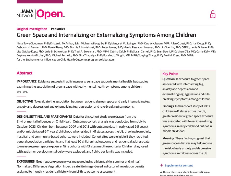 幼児期（2~5歳）に緑地が多い地域で住んでいた子供ほど、内在化症状（不安やうつ病など）が少なくなる傾向が見られる示す論文。興味深いことに幼児期中期 (6 ～ 11 歳)ではこの傾向はみられず、5歳までに自然に触れさせることが子供の成長に良い影響を与える可能性があるようだ。(n=2,103)