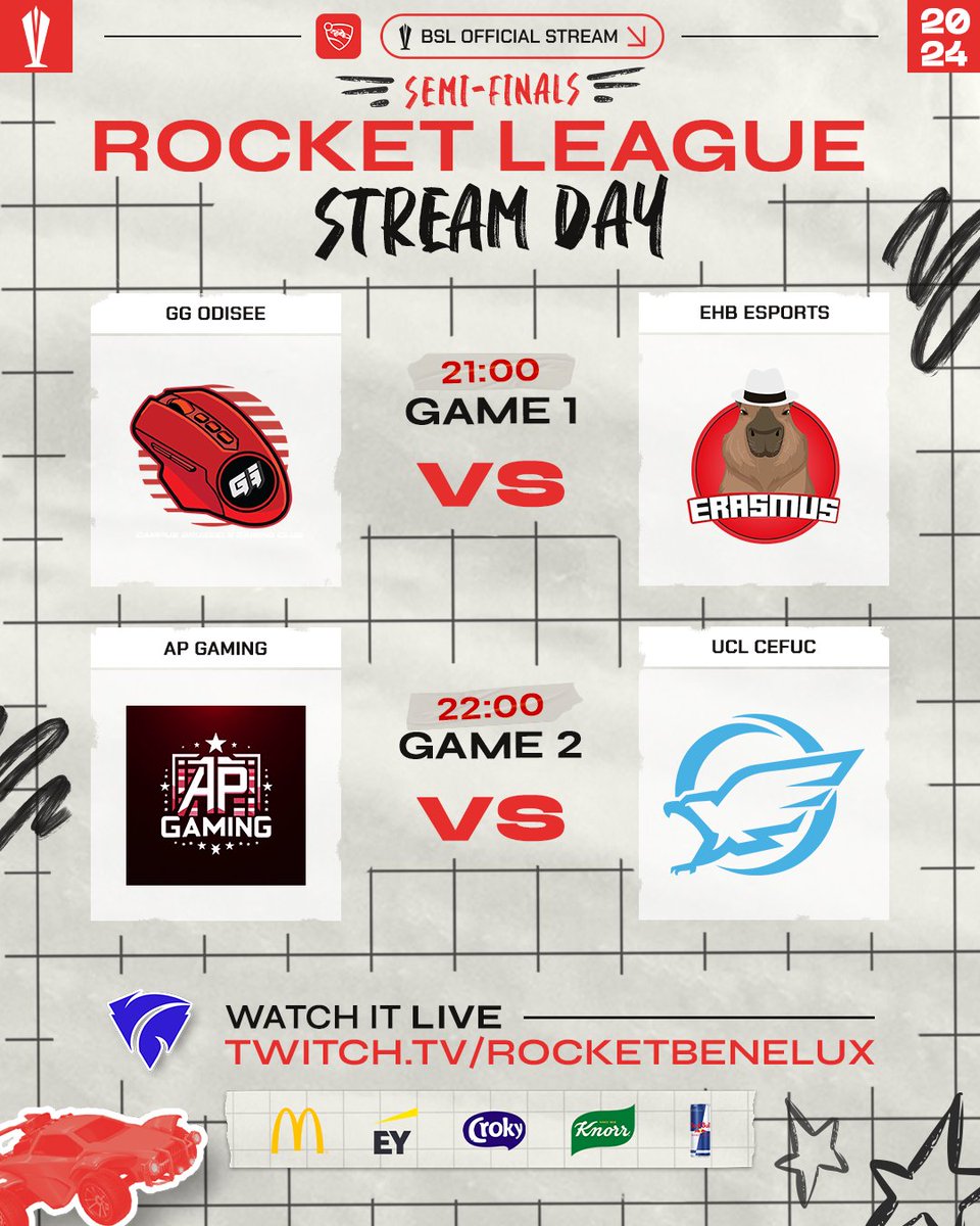 It's SEMI-FINAL time in the #BSL Rocket League! Watch our top 4 teams battle for a spot in the Grand Finals live on @RocketBenelux. 🏆 @odiseehogesch 🆚 @EhB_Esports @AP_Gaming2 🆚 @Cefuc_Esports Tune in: twitch.tv/rocketbenelux 🔴