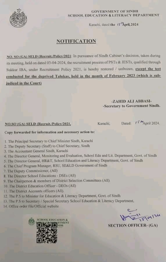 erfanspeaks's tweet photo. سندھ کابینہ کے فیصلے کے تحت محکمہ تعلیم سندھ نے اساتذہ بھرتی مرحلے پر عائد پابندی ختم کرنے کا نوٹیفکیشن جاری کردیا۔
#SindhGovernment #SchoolEducationDepartment #SELD #Notification #UnfreezePSTJESTProcess #Sindh https://t.co/5Uonu3V4sC