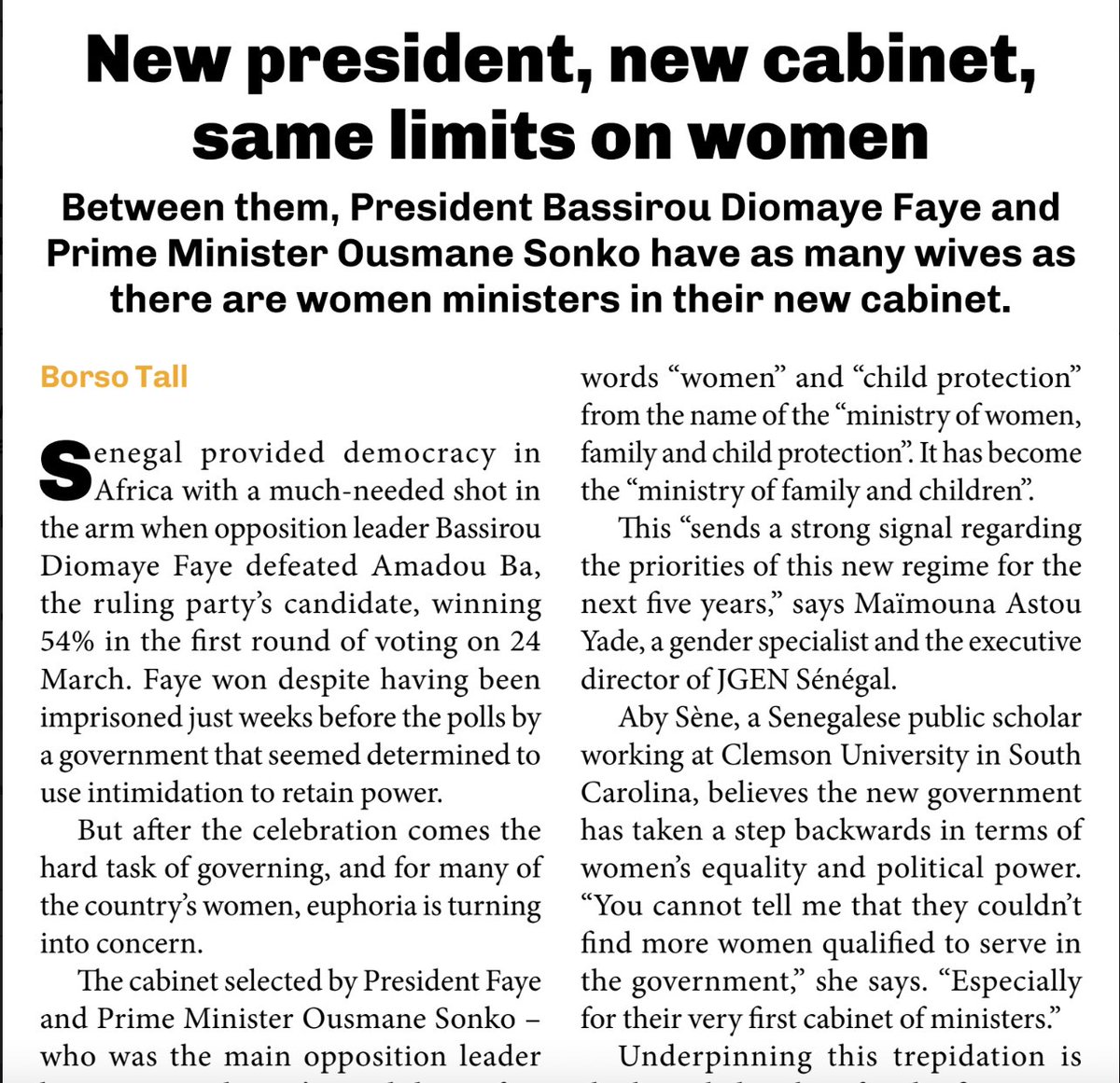 Today, in #Senegal, men are the supreme heads of the family by law, including in family financial matters, despite the fact that the majority of women use their earnings to provide for their children and for themselves.-@NBorso writes in the @thecontinent_