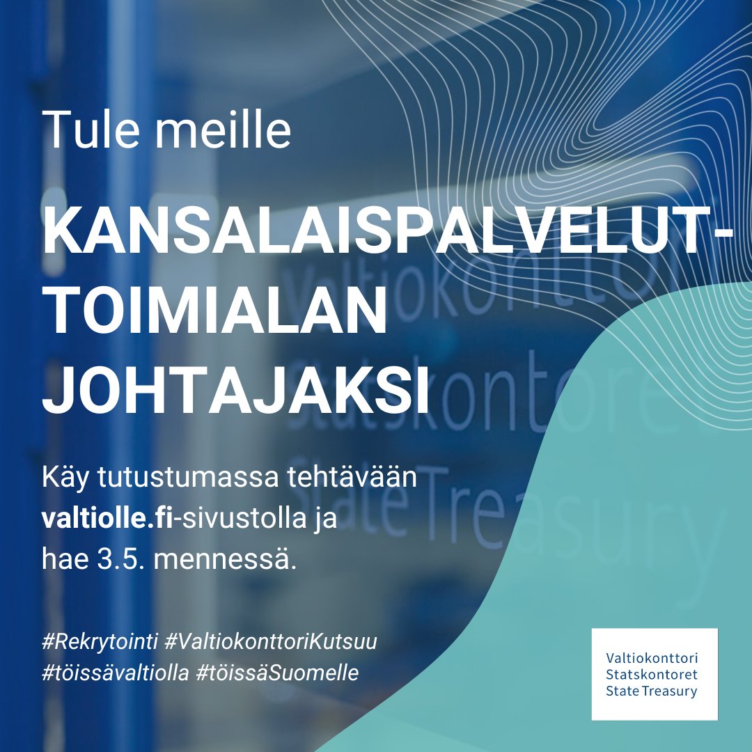 📣 Haemme Kansalaispalvelut-toimialallemme johtajaa! 📝 Tehtävässä johdat tehtäväalueeltaan monipuolista ja vastuiltaan merkittävää, jatkuvasti kehittyvää ja muuttuvaa asiantuntijaorganisaatiota. 🔗 Tutustu tehtävään: valtiolle.fi/fi/tyopaikat/t… 📆 Hae viim. 3.5.2024 klo 16.15!