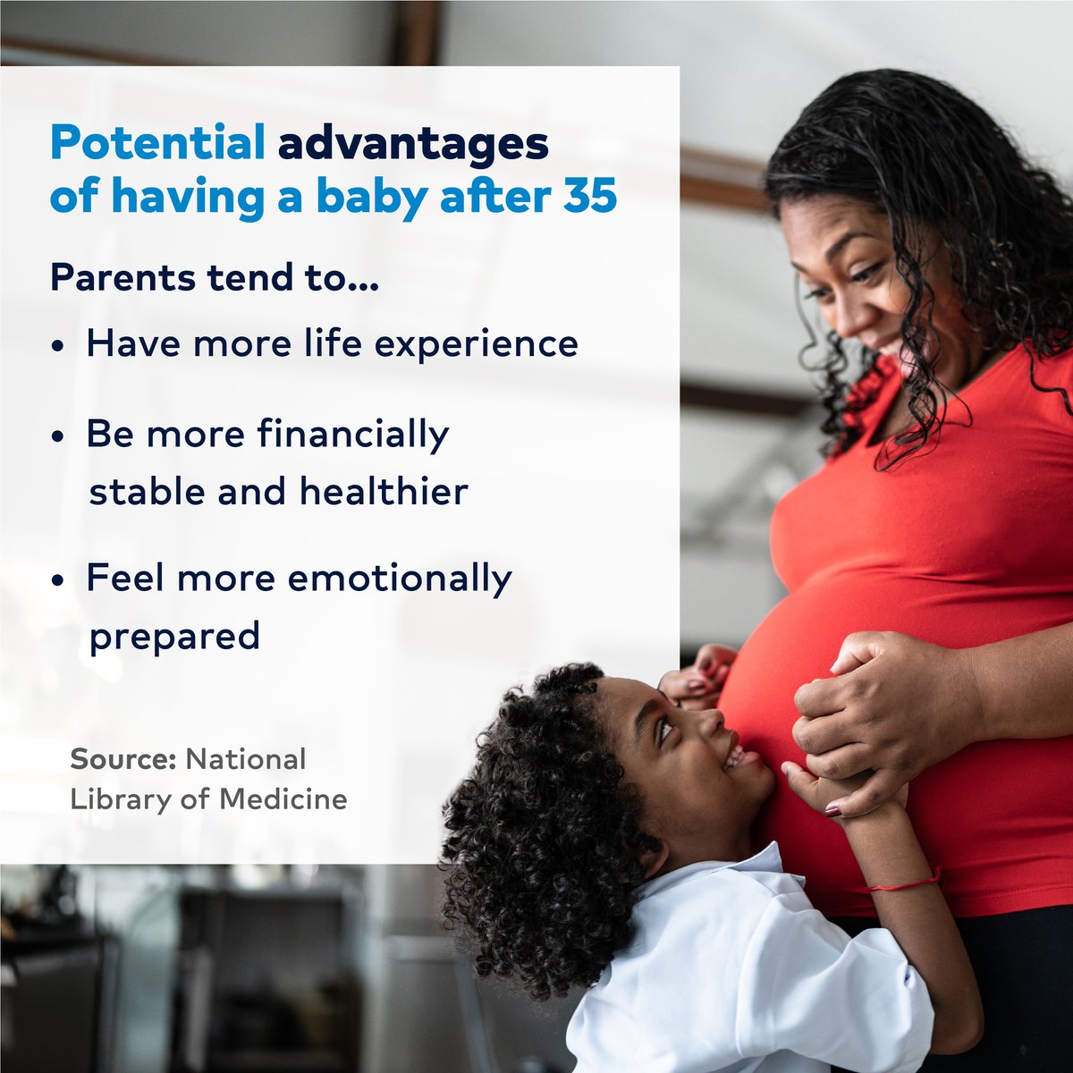 There's no set timeline for having a baby. If you're thinking about getting pregnant after age 35, you may want to consider these potential advantages and risks. Find an OB/GYN or midwife at healthonecares.com. #HealthierTomorrows #ImproveMoreLives