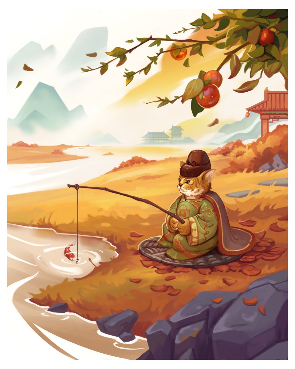 In the peaceful season of autumn, the persimmons on the trees are bright red, and a tiger cub is sitting by the river fishing...
.
#illustrations #Autumn