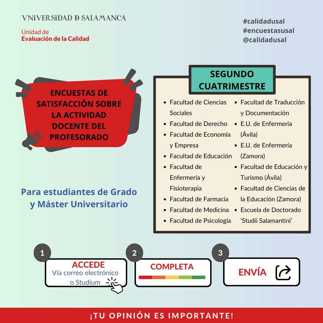 CalidadUsal's tweet photo. ¿Has completado ya las encuestas de satisfacción sobre la actividad docente del profesorado del segundo cuatrimestre? Si aún no lo has hecho, ¡participa ahora! #calidadusal #encuestasusal https://t.co/LxXOcSXeAb