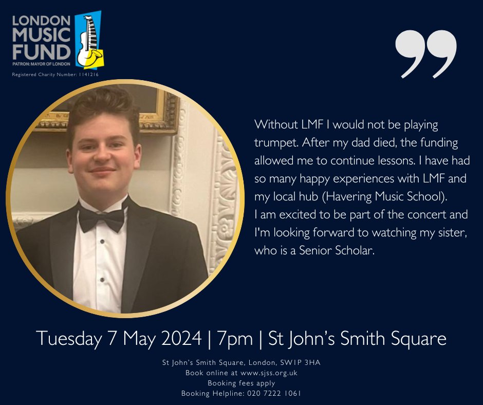 We are delighted that Patrick, one of our 2017-21 Scholars, will be performing at our concert on 7 May with @JessGillamSax, @yolandabrown, @SashaGrynyuk at @StJohnsSmithSq! To find out more about Patrick and buy tickets, click here: tinyurl.com/276hmuep