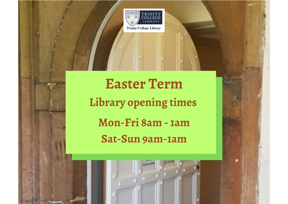 TrinCollLibCam's tweet photo. Welcome back! We are open to students Monday-Friday from 8am 🌄 to 1am 🌜, and at the weekend from 9am to 1am. Extra desks for students will be set up in the #WrenLibrary from mid-next week: watch this space! https://t.co/AvaRc2G6Bw