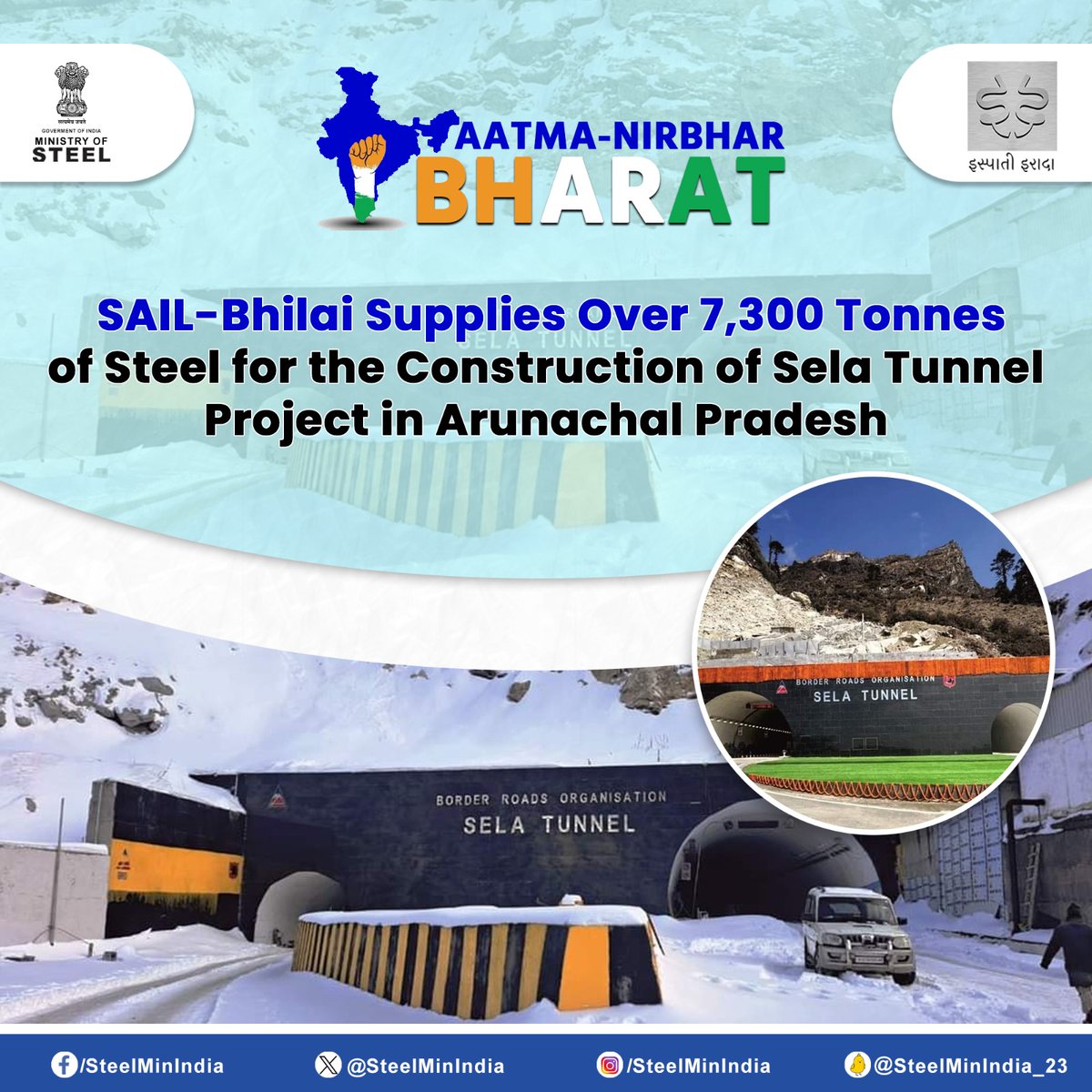 Steel plays a vital role! SAIL-Bhilai contributes over 7,300 tonnes of steel in the construction of the strategic Sela Tunnel Project in Arunachal Pradesh, enhancing connectivity at high altitudes.

#SAIL #BhilaiSteelPlant #SelaTunnelProject #ArunachalPradesh #AatmanirbharBharat