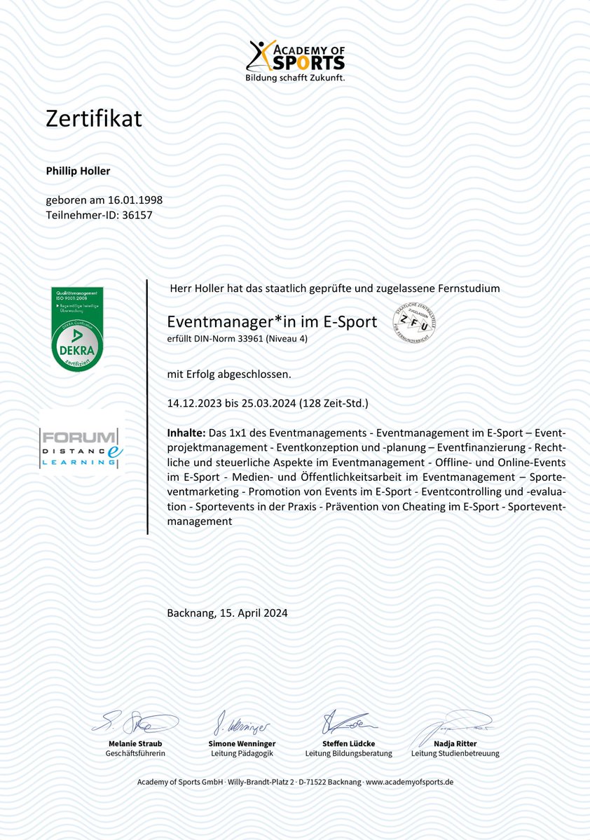 Abschluss erfolgreich: 🎓

Ich freue mich bekannt zu geben, dass ich mein Fernstudium mit einer Abschlussnote von 1,3 erfolgreich abgeschlossen habe!

Es war eine super Erfahrung, in der ich viel gelernt habe und nun darauf brenne, mein erworbenes Wissen in der Praxis umzusetzen.