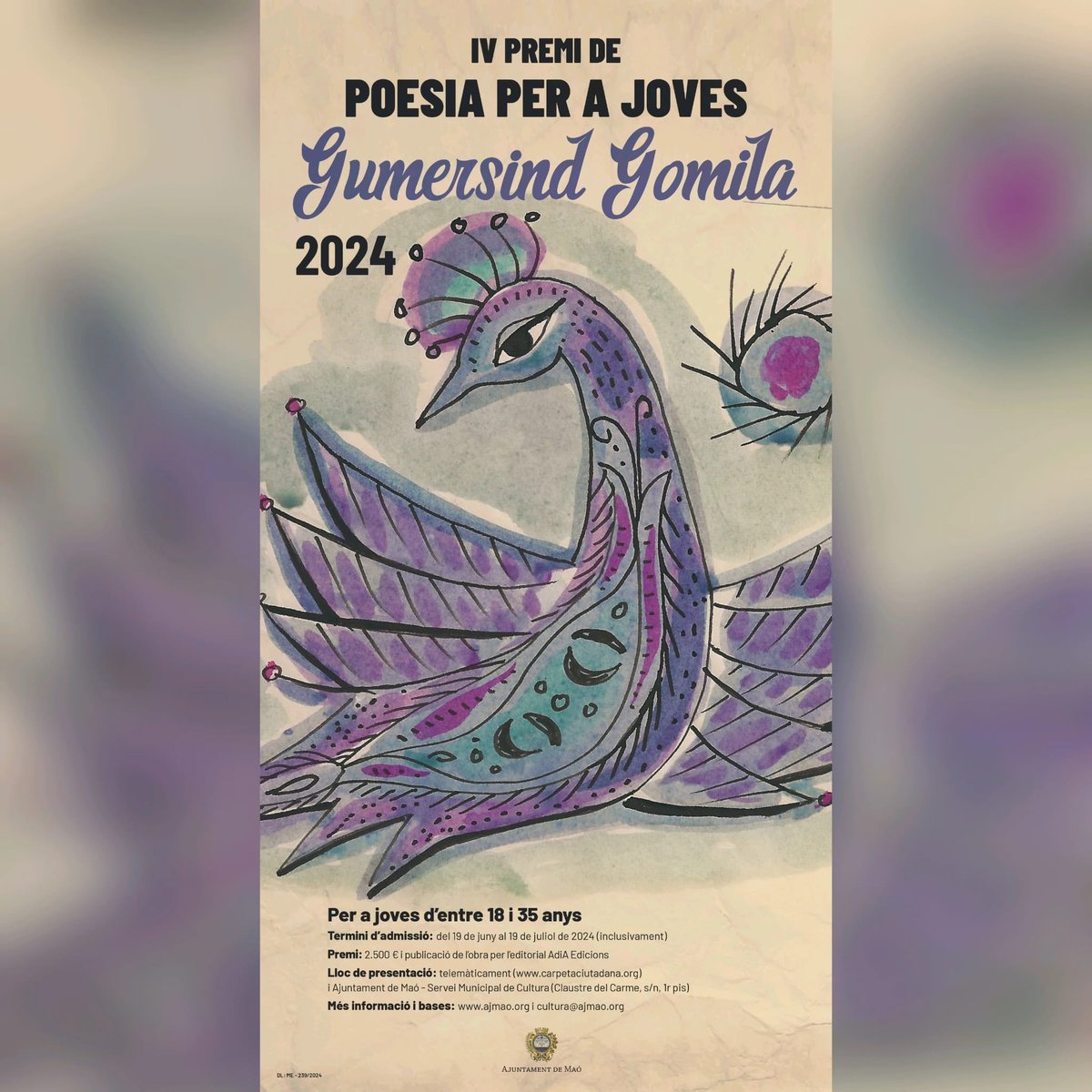 La Regidoria de Política Lingüística i Joventut convoca la quarta edició del ✒️Premi de Poesia per a Joves Gumersind Gomila 🫵 Adreçat a escriptors i escriptores d'entre 18 i 35 anys. ajmao.org/Contingut.aspx… #ajuntamentmaó #maó #premipoesia #joves