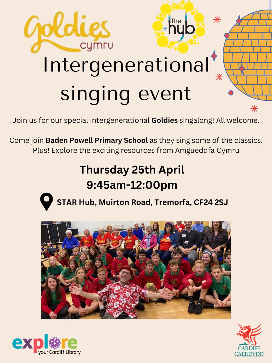 Baden Powell Primary School pupils are joining the singing charity Goldies at the STAR Hub to sing
together for Intergenerational Week!
Join in on the 25th April between 9.45am and 12pm as people of all ages come together to form vital, lasting
connections! #Splott #Tremorfa