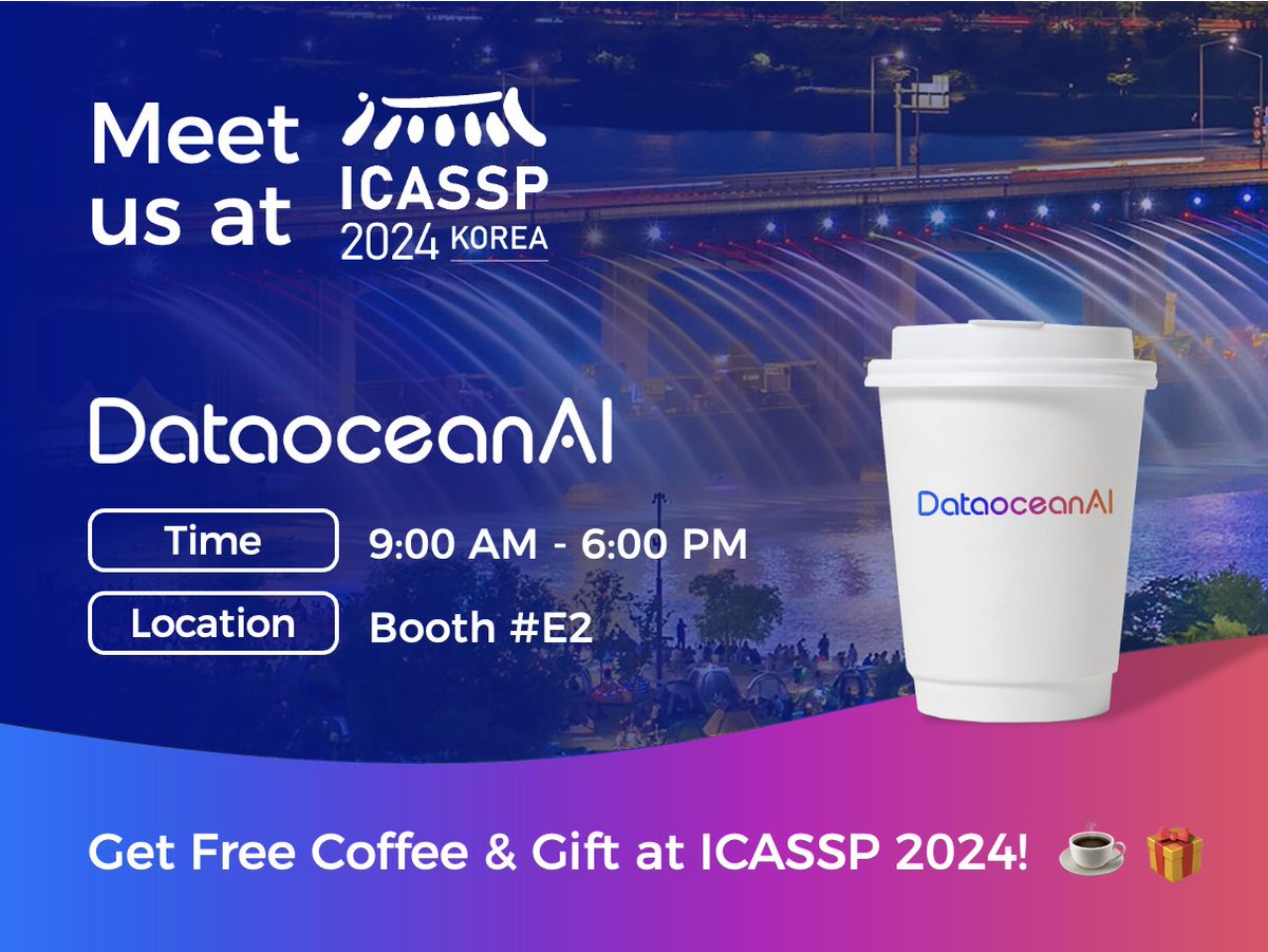 Join us for our exclusive 'Brew & Gift' event at our Booth E2!
Free Coffee: First come, first served. Limited to the first 50 attendees. 
#ICASSP #SignalProcessing #AudioEngineering #FutureTech #AI #ArtificialIntelligence #GenerativeAI #TrainingData #Datasets #ASR #TTS #LLM