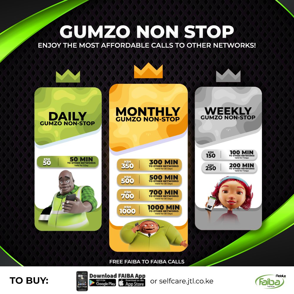 Tupige GUMZO NON-STOP NA Faiba Mobile!! Call For as LOW as 1 BOB Per minute to Other Networks with GUMZO NON-STOP. We have Affordable Daily, Weekly & Monthly Packages. To Subscribe, Download Faiba App or use selfcare.jtl.co.ke/voice #FaibaMobile #GetFaiba