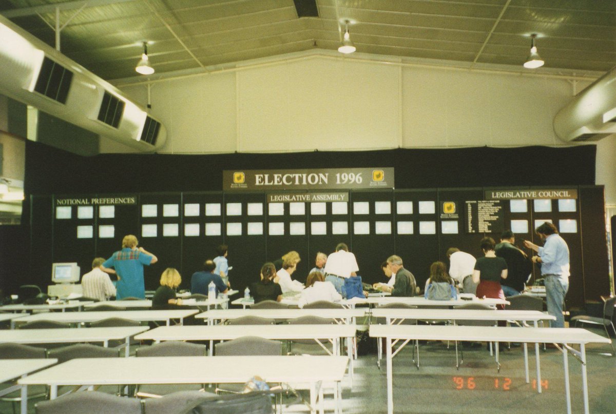 WA 1996, from memory the first time an Electoral Commission abandoned a traditional tally board and used television screens. Not a great success from memory.
