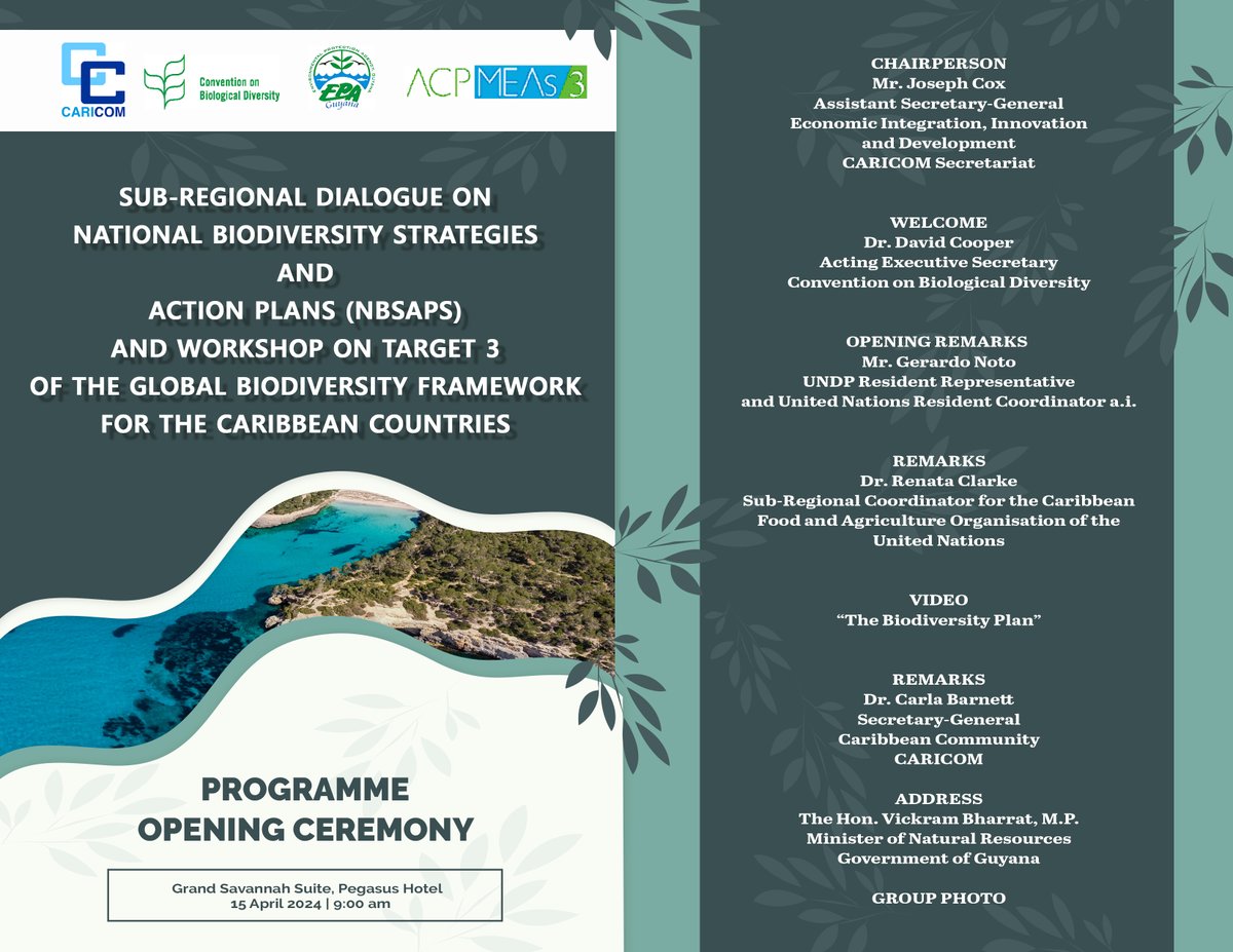 Join us on #CARICOM's social media channels at 9 o'clock this morning for the Opening Ceremony of the critical Sub-regional Dialogue on National Bio-diversity Strategies and Action Plans, and workshop on Target 3 of the global #biodiversity framework for #Caribbean countries.