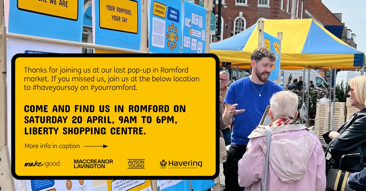 Thank you to all who came to our #YourRomford pop up in Romford Market. It was great talking to people about the Refreshed Masterplan &amp; gathering feedback. Next we’ll be in @libertyromford Sat 20 April, 9am to 6pm. See the plans &amp; complete the survey at yourromford.co.uk