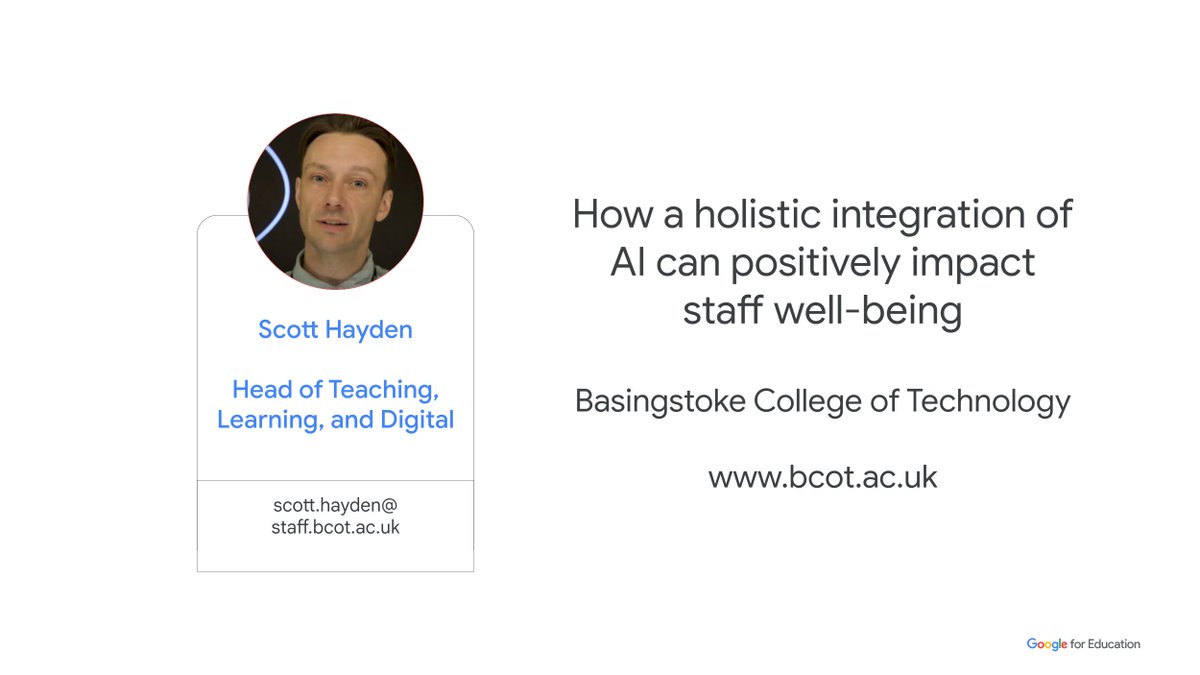 Introducing the first of many @GoogleForEdu Reference School & College Community webinars!🎥 It was great to welcome @scottdhayden from @bcot to the recording where he shared how a holistic integration of AI can positively impact staff well-being! 🗣 You’ll also hear about…