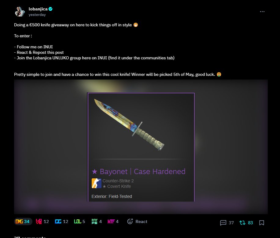 Doing a €500 knife giveaway over on INUI, the new CS2 matchmaking platform. Its pretty simple to enter, you just have to download their mobile app - visit my profile and enter 🎁 DOWNLOAD THE APP AND JOIN : bit.ly/lobainuiapp