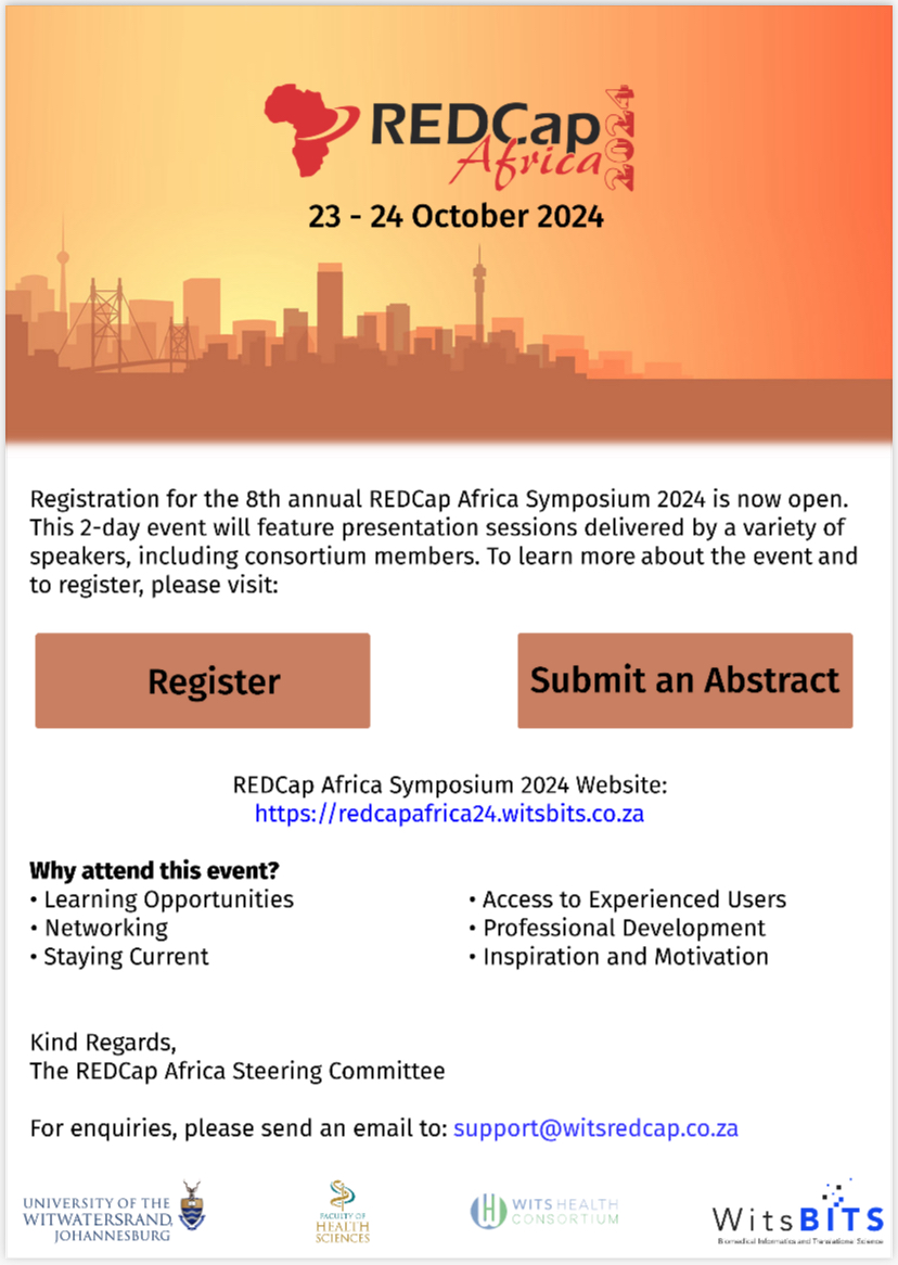 You’re invited to join the 8th annual REDCap Africa Symposium 2024 📍Johannesburg, South Africa Register here: quicket.co.za/events/229270-… Submit an abstract here: redcap.core.wits.ac.za/redcap/surveys… #REDCapAfrica #Data @WitsHealthFac