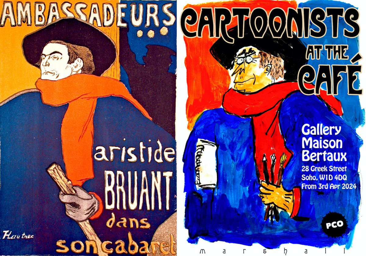 I created the 'Cartoonists at the Cafe' poster in collabo with TL (as Toulouse-Lautrec is know to his friends). He knocked out the roughs and I did the more polished finished artwork.🎨🖌️