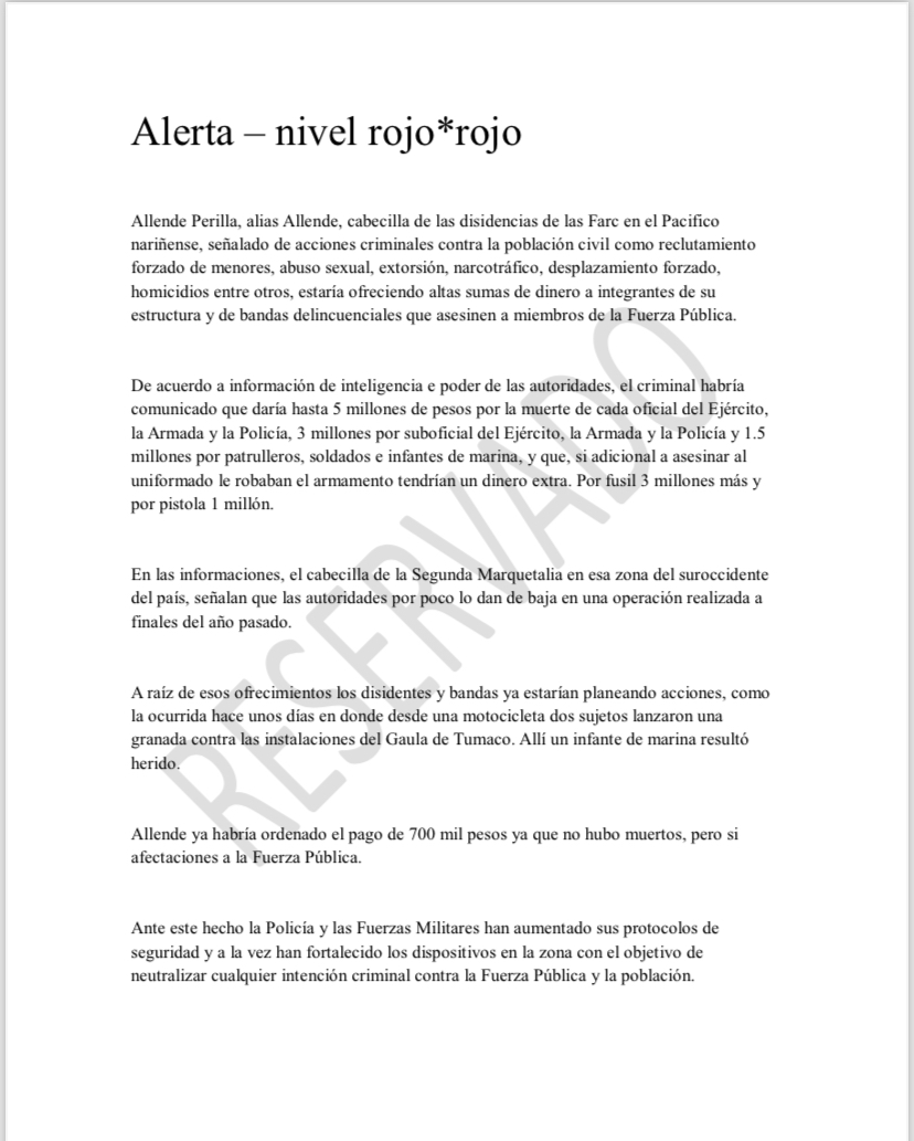 #PrimeroLaFM | @lafm conoció el informe de inteligencia que indica que alias ‘Allende’, cabecilla de las disidencias de las Farc en Nariño, ofrece pagos por la muerte de integrantes del Ejército, la Policía y la Armada. Este es el reporte de inteligencia: