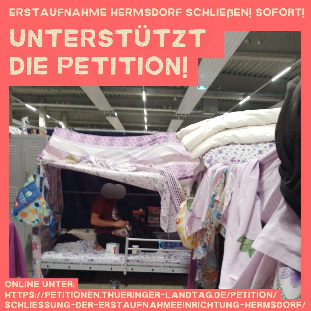 Lager in #Hermsdorf schließen! Heute LETZTER Tag zum Petition online unterzeichnen! Also los, unterstützt Forderung der Bewohner nach menschenwürdiger Unterbringung. Durch die Petition findet sie Gehör im Landtag - ein Hoffnungsschimmer, um die Zustände in Hermsdorf zu beenden.