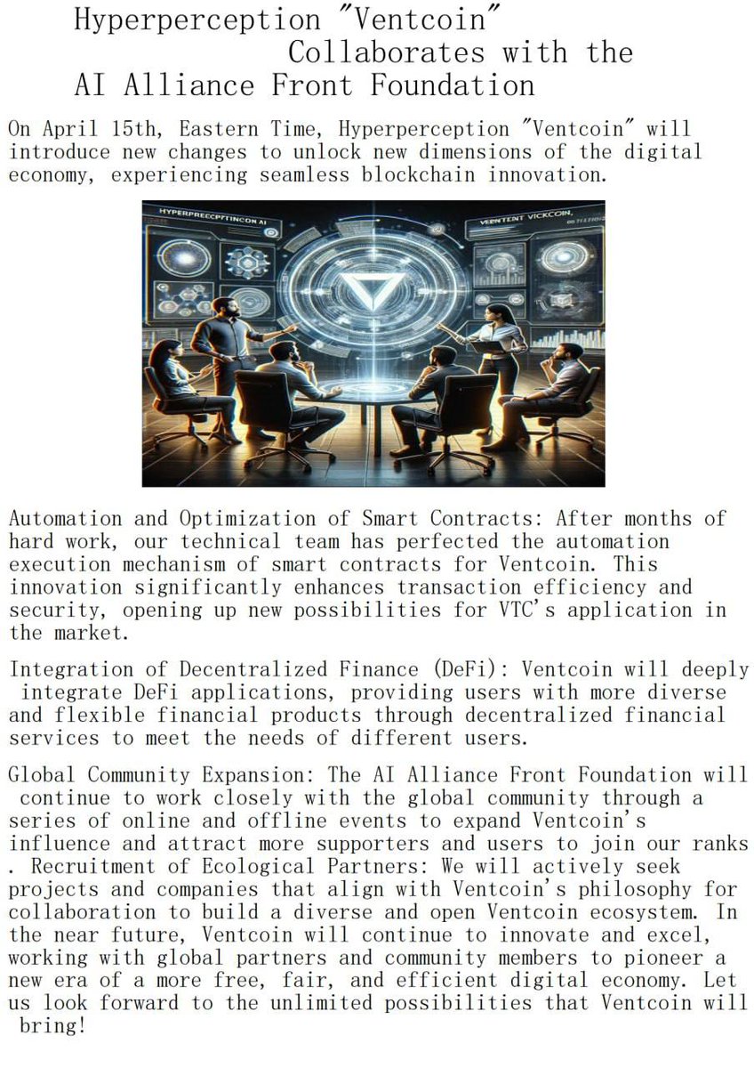 Ventcoin_web's tweet photo. Dear Ventcoin Community Members,Hyperperception《Ventcoin》is setting sail once again! During the quiet period, we optimized and improved Ventcoin. Teaming up with the AI Alliance Frontline Foundation, Hyperperception《Ventcoin》is ready to lead the way forward. https://t.co/ShyGPEWSaA