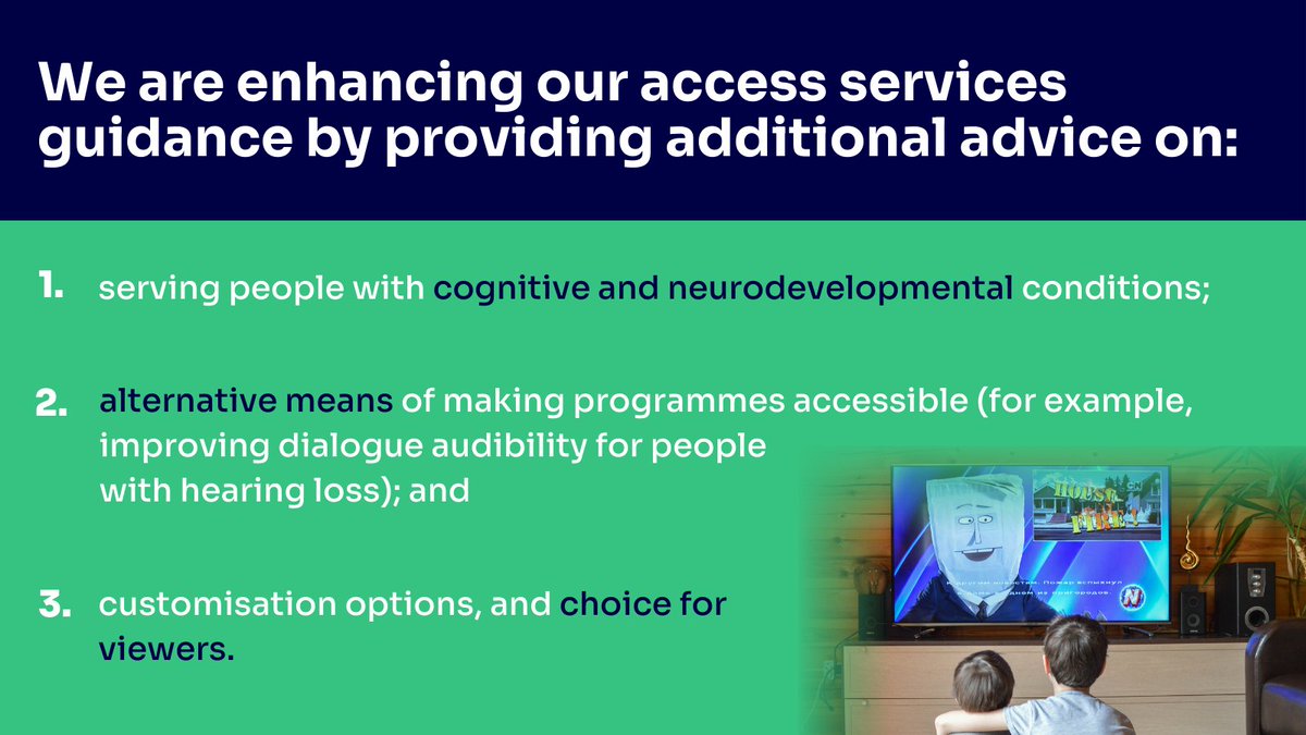 We're updating our codes and guidelines to improve accessibility across TV and on-demand. Our latest research found people want more flexibility to customise subtitles, signing and audio description, and consistency in accessing them. Read more:ofcom.org.uk/news-centre/20…