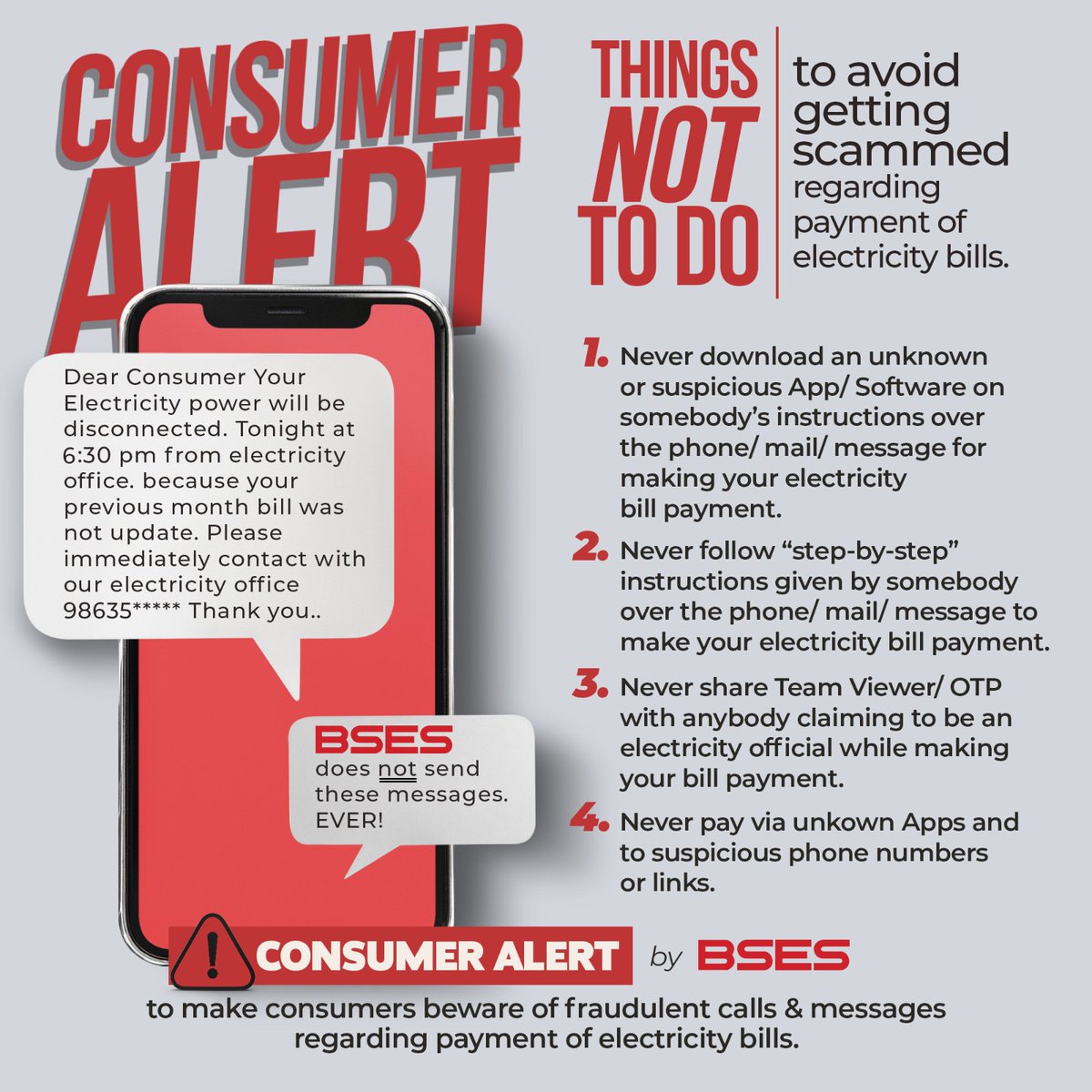 Beware of fraudulent calls and messages falsely claiming to be about your electricity bill payments. Scammers are attempting to deceive consumers into downloading harmful software or clicking on dubious links. Stay alert and cautious when handling payment requests via phone or