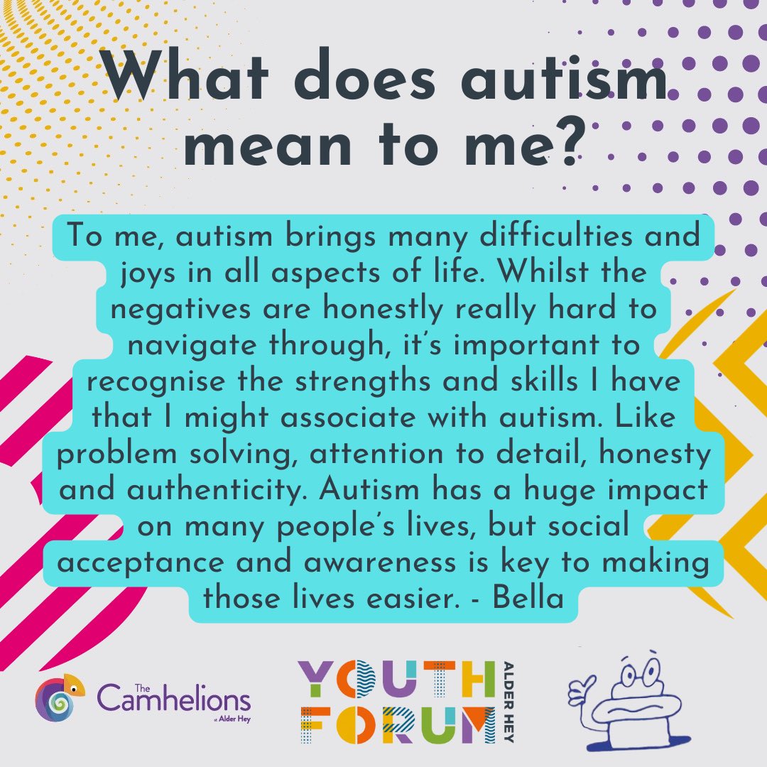 This month is #AutismAcceptanceMonth so we wanted to share abit more on what autism means to us! 💜 #camhelions @CrisisCareAHH @CamhsSefton @Elsielrw @FreshCAMHS @Comicsyouth @SFHalderhey @TheForumAH @VenusCentre @LeanneWallker @AlderHey @bethanydonaghy1 @AlderHeyASD