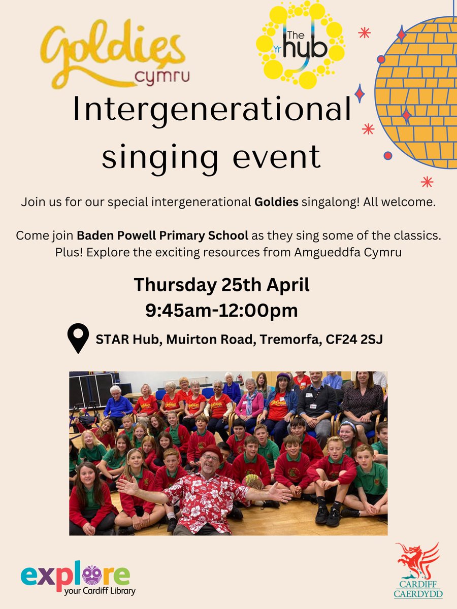 Baden Powell Primary School pupils are joining the singing charity Goldies at the STAR Hub to sing together for Intergenerational Week! Join in on the 25th April between 9.45am and 12pm as people of all ages come together to form vital, lasting connections! #Splott #Tremorfa