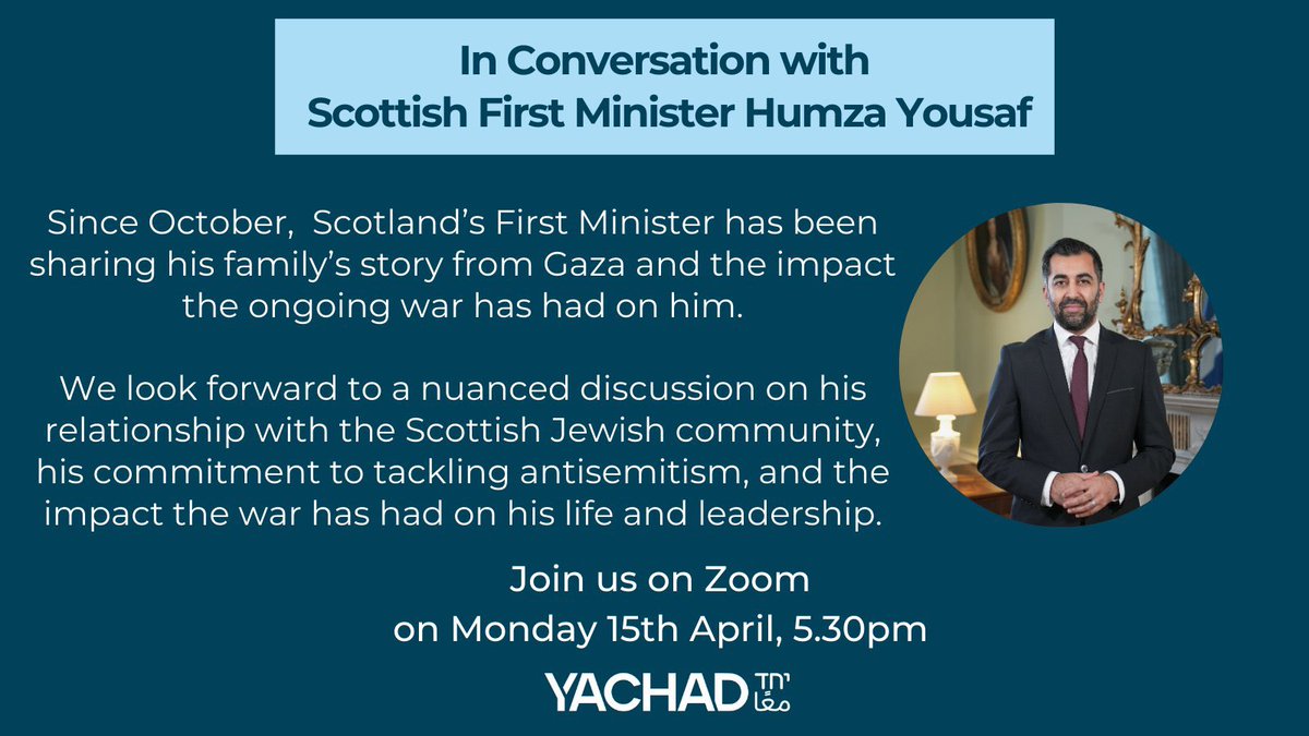 Today 530pm: In conversation with Scottish First Minister @HumzaYousaf @ScotGovFM @daniellebett, who was in Israel on 07/10, is speaking to the First Minister about the Israel-Gaza war, the impact on Israelis & Palestinians and on communities in the UK us06web.zoom.us/webinar/regist…