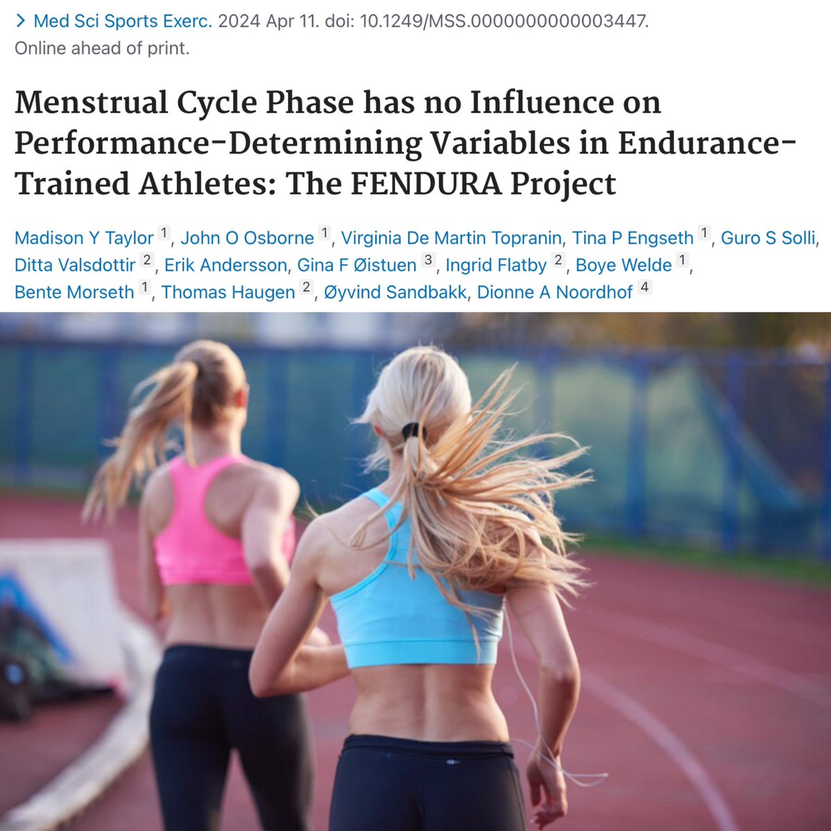 tecoughlin's tweet photo. Menstrual cycle phase has NO influence on performance‼️

This new groundbreaking study took 21 highly trained female endurance athletes and took them through a battery of performance tests during…

Early Follicular + Ovulatory + Mid-Luteal Phases🩸

…for either one (n = 7) or two (n = 14) cycles. 

The performance variables included; peak oxygen uptake, time-to-exhaustion, running economy, power output 📊 

🗣️ “None of the measured performance-determining variables were influenced by MC phase or serum estrogen or progesterone concentrations.”