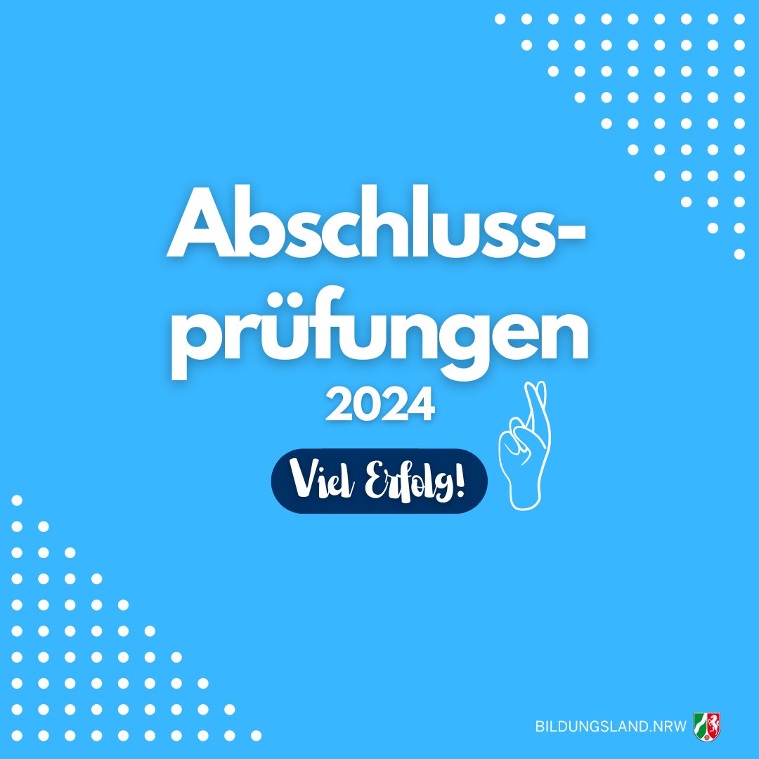 Fingers crossed & Daumen gedrückt, in den kommenden Wochen stehen im #BildungslandNRW wieder die #Abschlussprüfungen an! Los geht’s zuerst für rund 81.000 Schülerinnen und Schüler, die in den nächsten Tagen in ihre #Abiturprüfungen starten. ⤵️