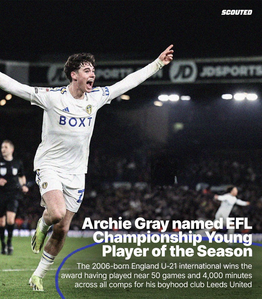 • Senior debut for boyhood club Leeds United • Almost 4,000 minutes across 50 appearances • Playing as a right-back, not a centre-midfielder In his first senior campaign, Archie Gray is the EFL Championship Young Player of the Season.