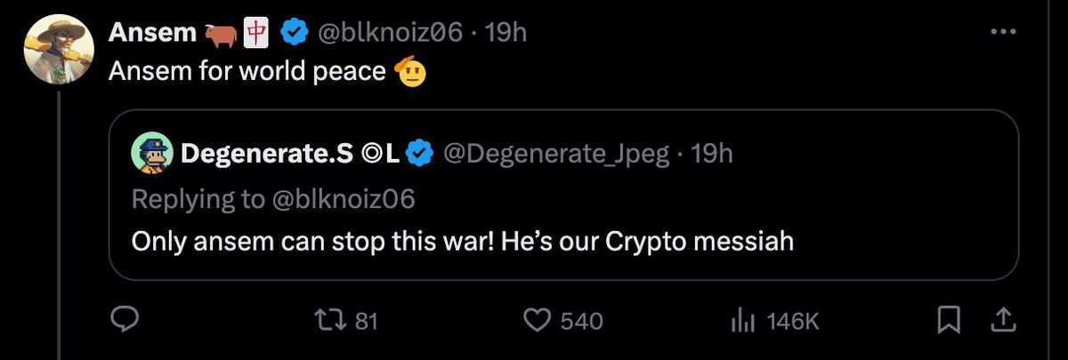 Now he's using coded messages. Buy World Peace on BTC! Not SOL.