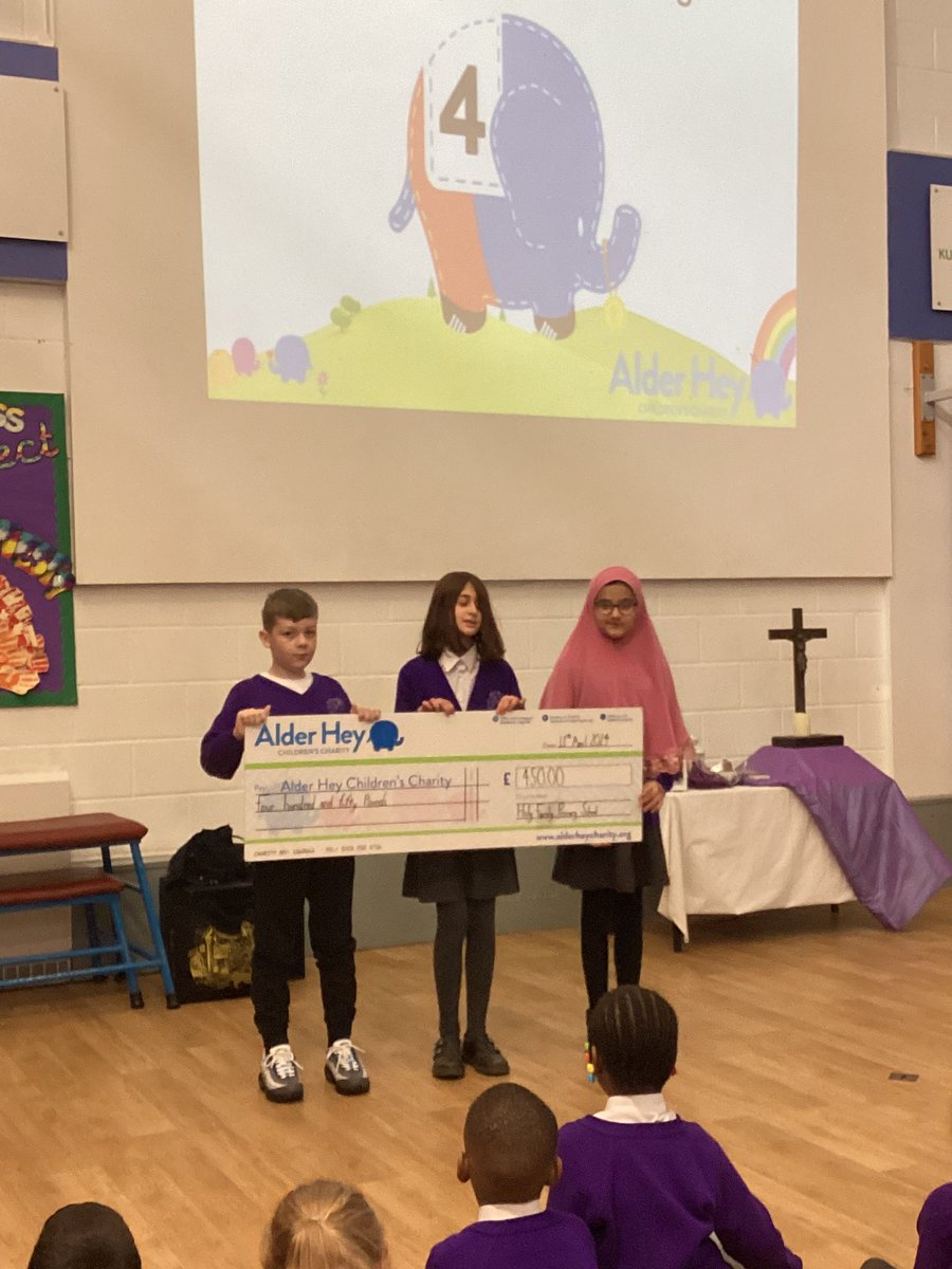 Last week, we were so excited to have an assembly from @AlderHeyCharity where we were presented with a cheque from our fundraising efforts of… £450! #Donation #Charity #Generosity #Giving