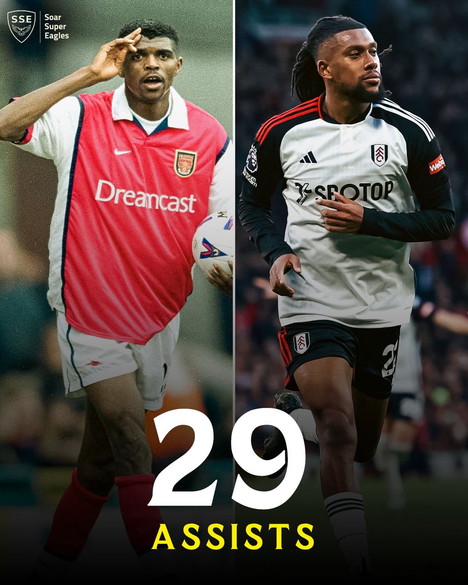 Alex Iwobi equals Kanu Nwankwo's record of most assists made by a Nigerian in Premier League history - 𝟮𝟵. In an elite company 💫