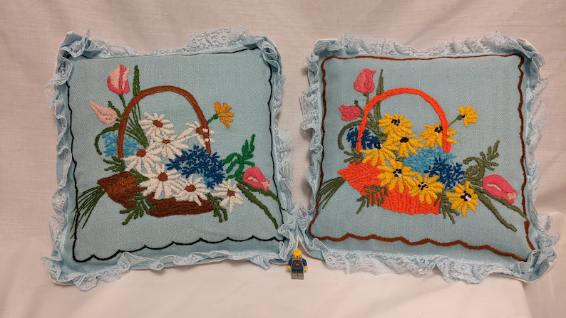 Pair Floral Crewel Needlework Pillows Blue etsy.me/3xFKJOA via @Etsy #crewel #pillows #blue #flowers #lace #square #etsyvintage #etsyhandmade