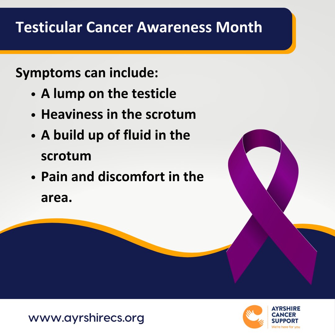 April is #TesticularCancerAwarenessMonth. Regular self examination is important to know what’s normal for you & to get any symptoms or changes checked out by your GP. tinyurl.com/hzz9w3dp If you’re affected by cancer & would like to access our free support, call 01563 538008🧡