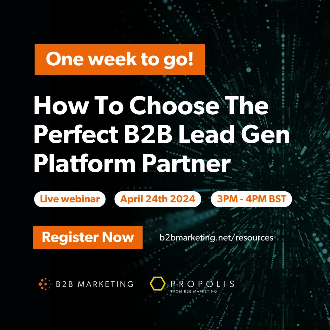𝗢𝗻𝗹𝘆 𝗼𝗻𝗲 𝘄𝗲𝗲𝗸 𝘁𝗼 𝗴𝗼! We’ll be exploring how this emerging tech category is transforming the lead gen space, and reveal the findings from the B2B Marketing Lead Generation Martech Vendor Spotlight. okt.to/Cfgsiq #b2bmarketing #b2bwebinar #b2bevent