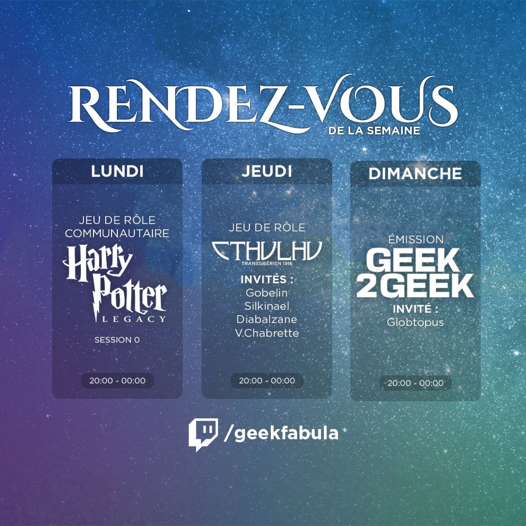 [Planning] 🎲Lundi, on met en place le contexte de notre nouvelle campagne de JDR communautaire #HarryPotter ! 🎲Jeudi, fin de notre JDR #Cthulhu transsibérien maitrisé par Gobelin, avec @Silkinael, @VChabrette & @diabalzane 🎲Dimanche, nouveau Geek 2 Geek avec @globtopus !