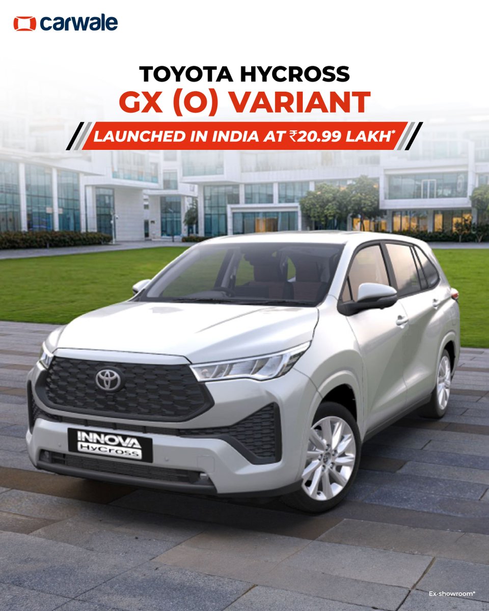 CarWale's tweet image. #ToyotaHycross now gets a new variant called #GX (O) priced at Rs. 20.99 lakh.
-Available only in petrol grade
-Offered in 7- and 8-seater guise
-Front and rear parking sensors
-Automatic climate control
- 10.1-inch infotainment screen
Read more: bit.ly/4d8u0Ui
#cwlaunch