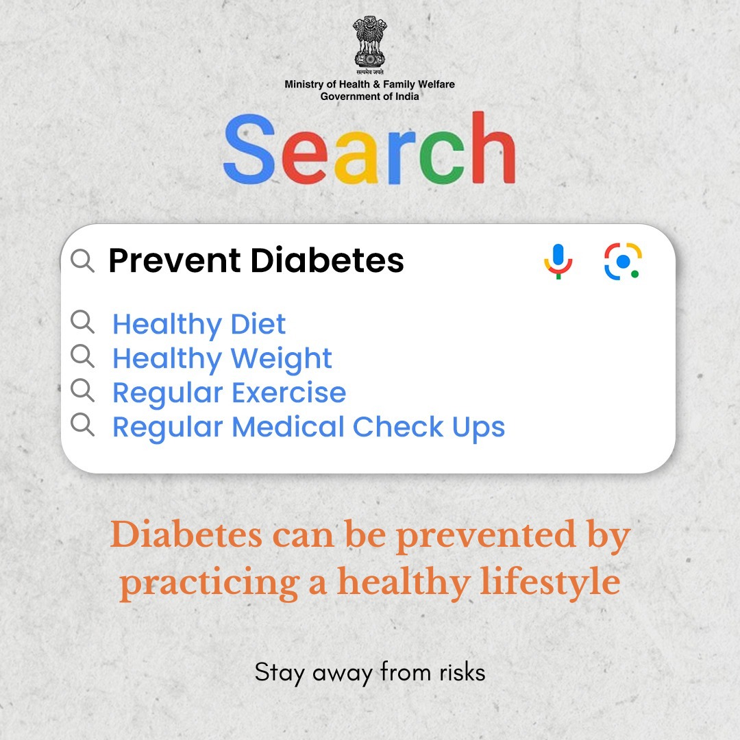 Adopting a healthy lifestyle can prevent diabetes.

Avoid potential risks.
.
.
#BeatNCDs
@MoHFW_INDIA