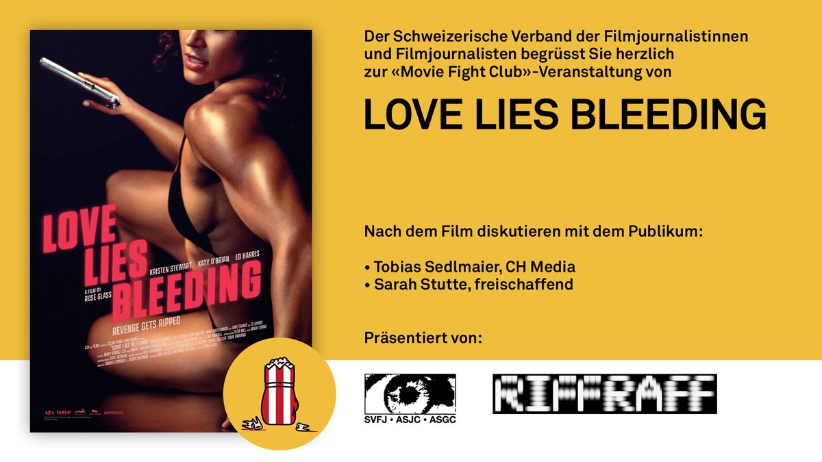 SVFJ/ASJC (@asjcsvfj) on Twitter photo Am Sonntag, 28. April, steigt die nächste Runde "Movie Fight Club".  Sarah Stutte und Tobias Sedlmaier werden mit dem Publikum darüber  streiten, ob #LoveLiesBleeding von Rose Glass ein Wurf oder doch  missglückt sei. Filmstart im <a href="/RiffraffKino/">Riffraff Kino/Bar</a> : 18:20 Uhr. Kommt auch! Am Sonntag, 28. April, steigt die nächste Runde "Movie Fight Club".  Sarah Stutte und Tobias Sedlmaier werden mit dem Publikum darüber  streiten, ob #LoveLiesBleeding von Rose Glass ein Wurf oder doch  missglückt sei. Filmstart im <a href="/RiffraffKino/">Riffraff Kino/Bar</a> : 18:20 Uhr. Kommt auch!