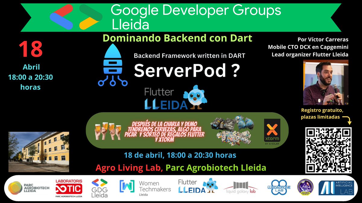 Queden 3 dies per la xarrada-taller de
<a href="/FlutterDev/">Flutter</a>  Backend con Dart" impartit per Víctor Carreras @vcarreras9 Lead organizer Flutter Lleida. Inscripcions al codi QR