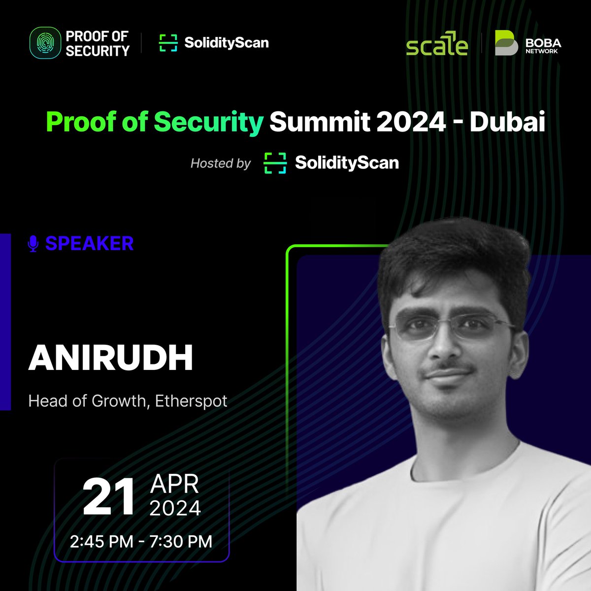 Join <a href="/textonlypls/">Ani</a> (Anirudh) at Proof of Security Summit 2024 - Dubai by <a href="/SolidityScan/">SolidityScan</a> as a speaker. 
Anirudh is currently serving <a href="/etherspot/">Etherspot 🐞</a> as a Head of Growth. Catch him joining the show on 21st April and connect. 

#TOKEN2049