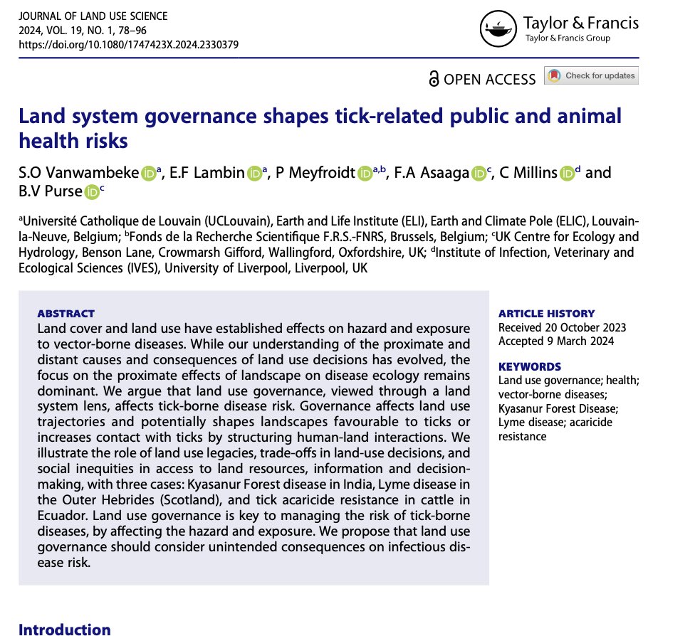 Across 3 zoonotic diseases (Kyasanur Forest disease, Lyme disease, and tick acaricide resistance in cattle).. “Land use governance” emerges as the key factor in mediating risk of tick-borne diseases, “by affecting the hazard & exposure.” #OneHealth 🔗:tandfonline.com/doi/full/10.10…