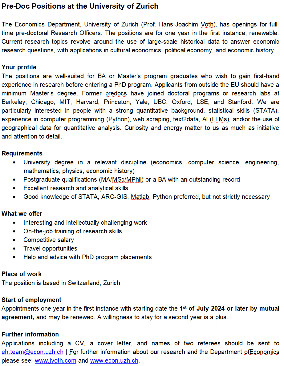Come and work with us in beautiful Zurich! Starting this summer/fall, we have a few pre-doc positions to fill. Curiosity is essential, a background in data science/econ/economic history and an independent mind are important. For more details, see the attached call. #Economics